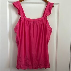 🌷 Lane Bryant Pink 100% Cotton Ruffle Strap Blouse Wide Eyelet Scallopped Hem